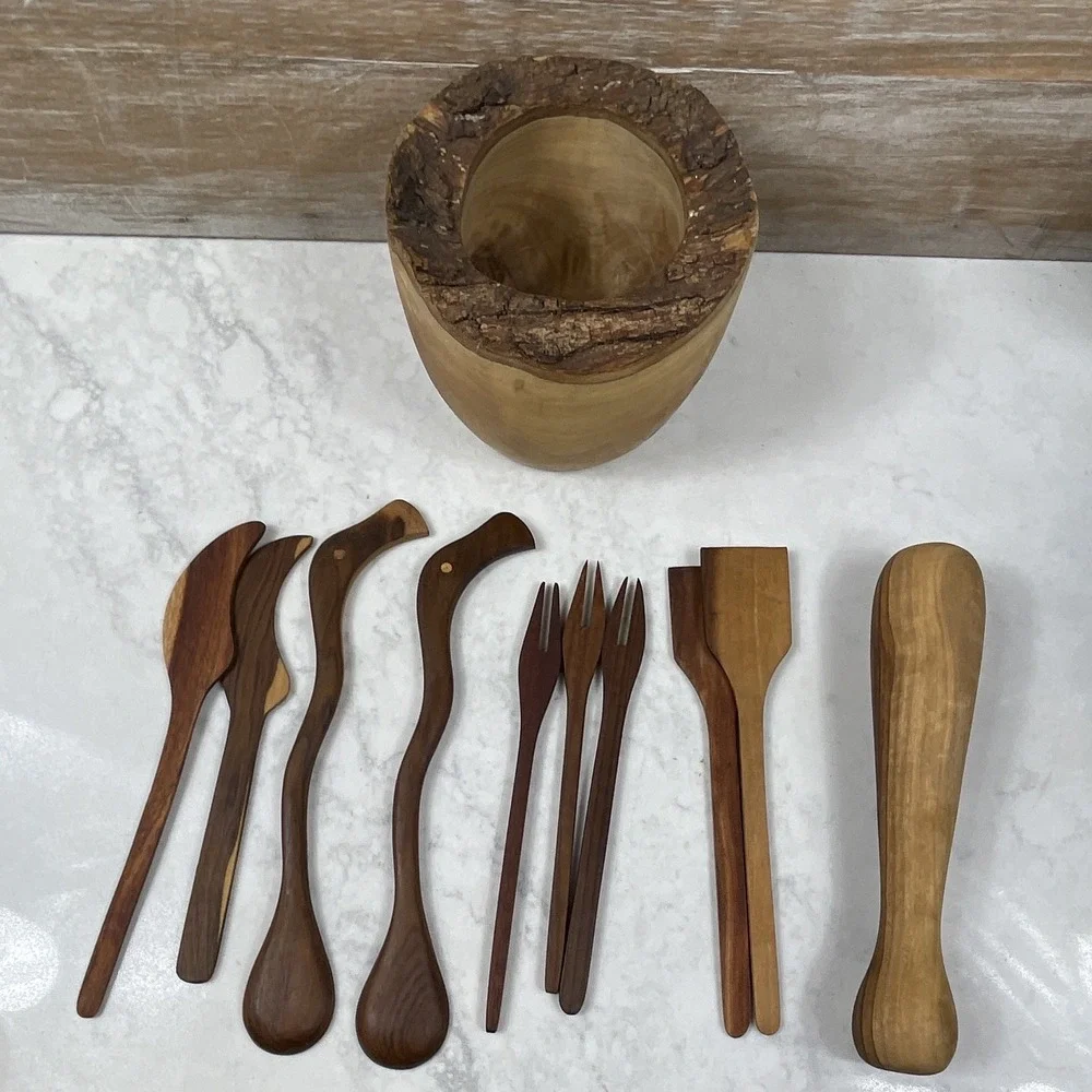 Rustic 11pc Wood Utensil Set Medium Brown Matte w/ Holder Spoon Fork Spatula